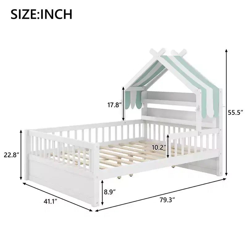 Letto a Capanna ModernLuxe per Bambini, Misura Singola/Piazza e Mezza, in Legno con Testiera Contenitore, Struttura in Pino Massiccio con Sponde di Protezione