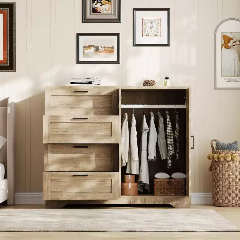 Guardaroba Armadio in Legno H 43.3 con 4 Cassetti e Asta Appendiabiti, Mobile Contenitore Multifunzionale per Camera da Letto