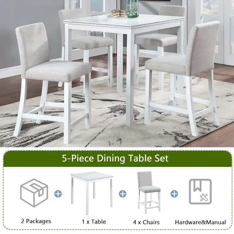 Set da pranzo moderno di 5 pezzi con tavolo quadrato ad altezza bancone e 4 sedie imbottite