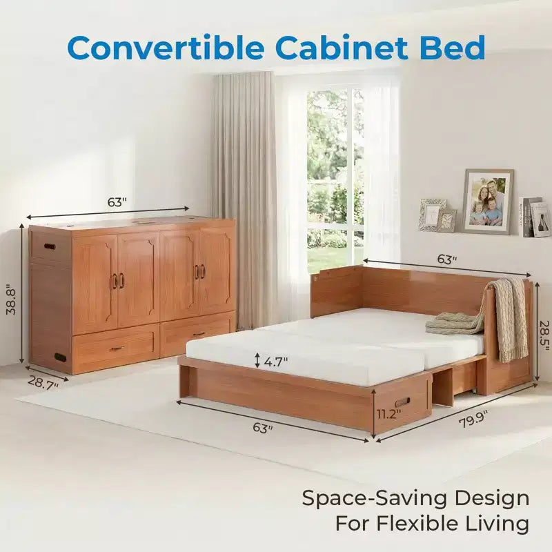 Mjkone Letto a Scomparsa Convertibile Matrimoniale Queen Size con Ricarica USB, Cassetti Contenitori, Materasso Escluso