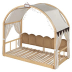 Letto a piattaforma in legno massiccio a forma di casetta, letto Montessori a terra con tetto ad arco e letto estraibile per bambine e bambini