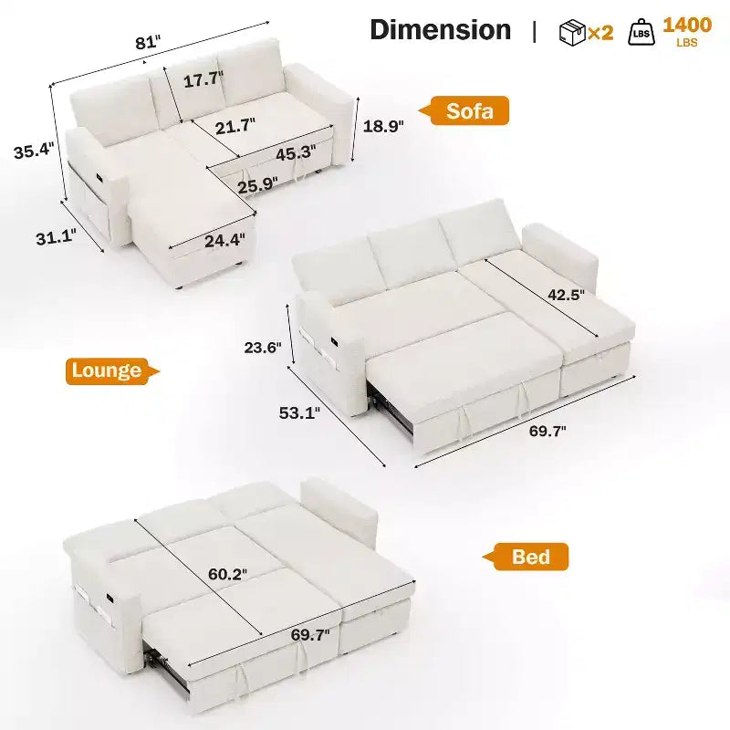 Dyonery Divano Letto Angolare 81, Divano Estraibile a L con Chaise Longue Reversibile con Contenitore, USB, Schienale Reclinabile