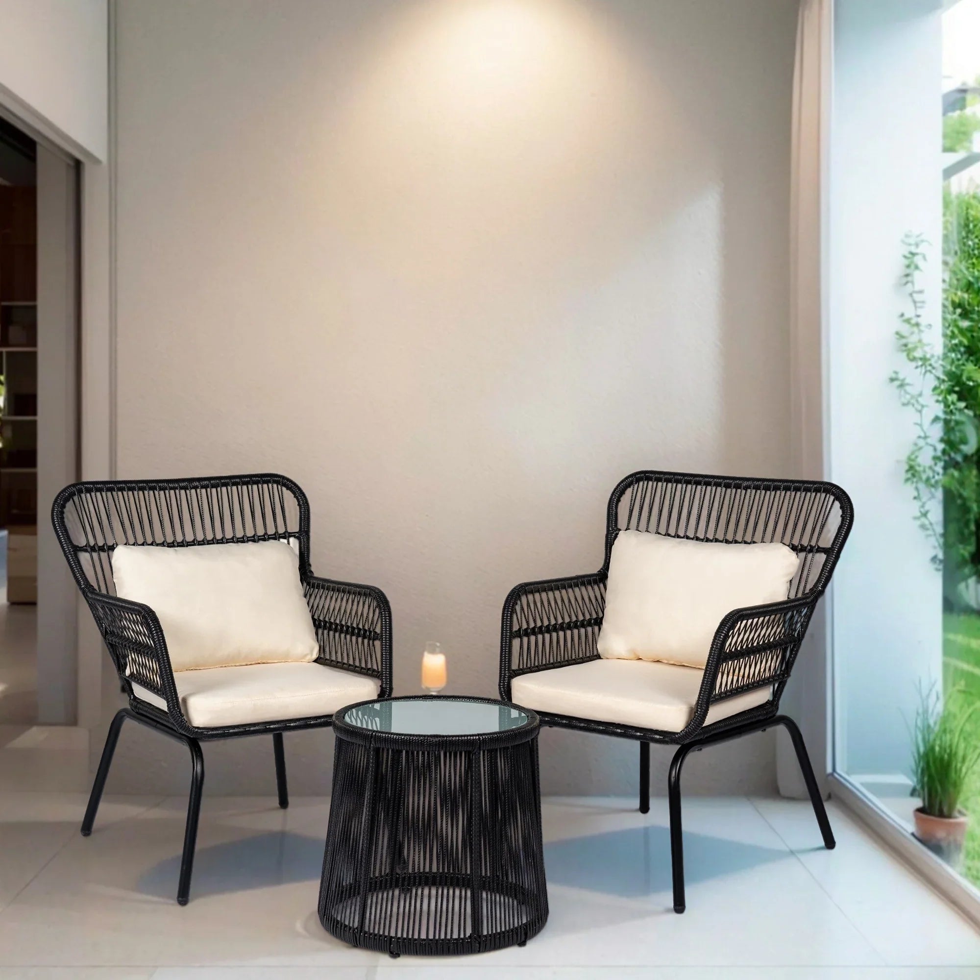 Set da Bistrò per Conversazione da Esterno a 3 Pezzi in Vimini, Set di Sedie da Patio in Rattan per Tutte le Stagioni con Cuscini