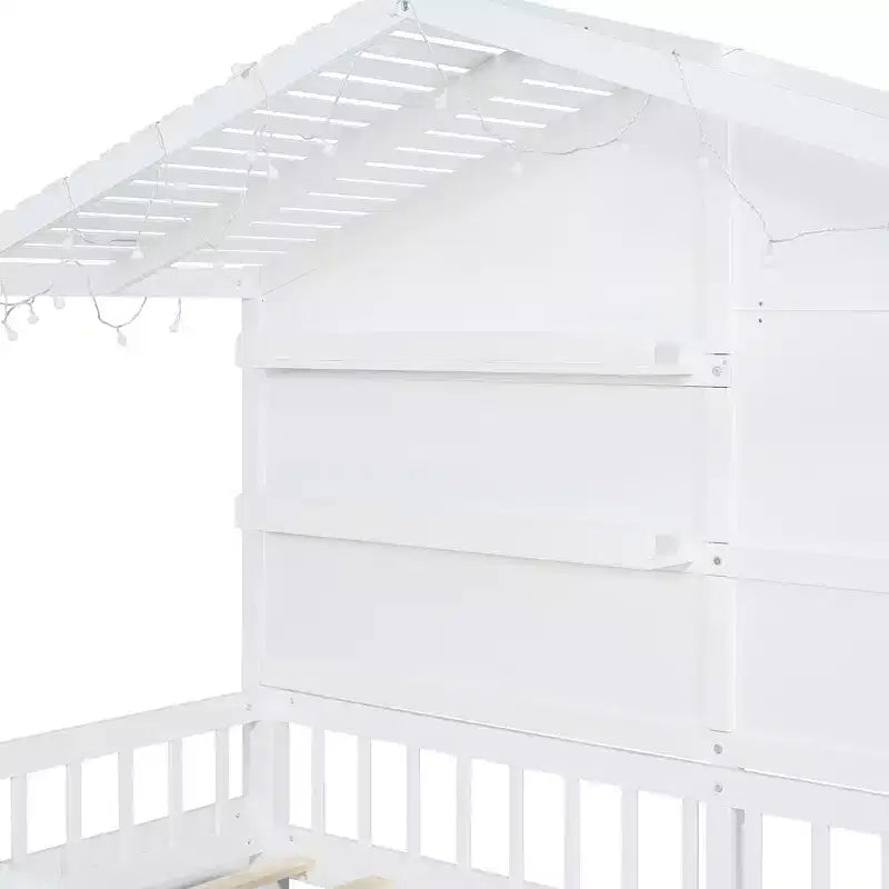 Letto a capanna per bambini con scaffali e sponde, Struttura letto in legno stile Montessori per bambini con finestra e striscia luminosa scintillante