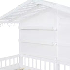 Letto a capanna per bambini con scaffali e sponde, Struttura letto in legno stile Montessori per bambini con finestra e striscia luminosa scintillante