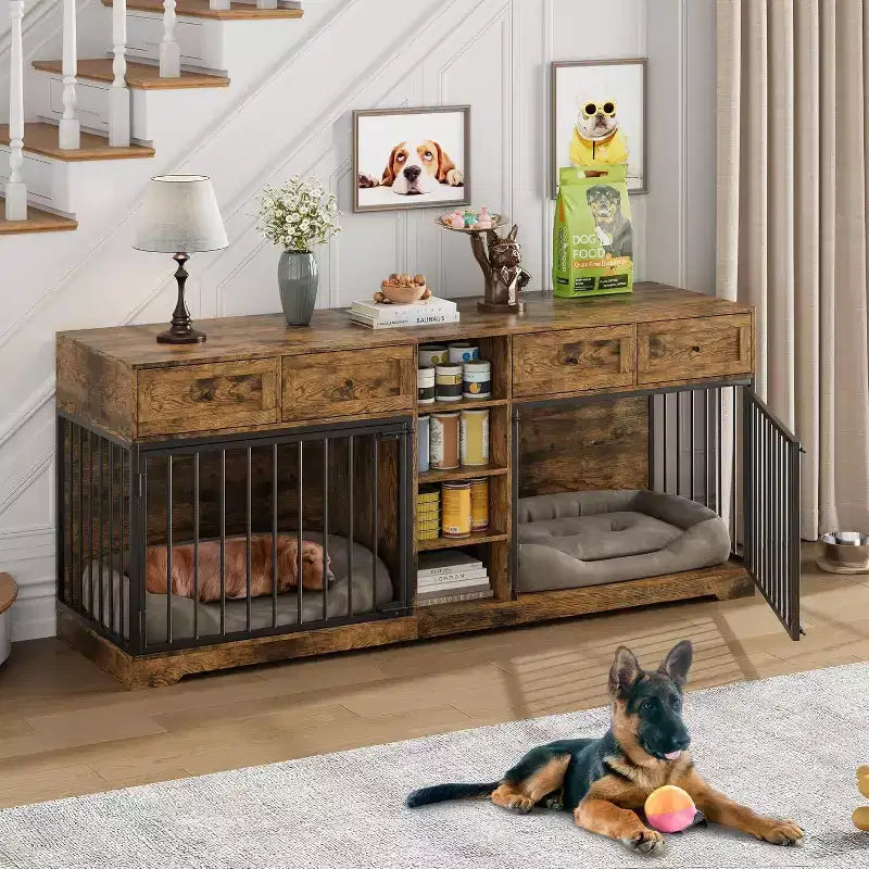 Mobile 2 Ciotole 82", Cuccia Grande per 2 Cani da Interno, Robusta Gabbia per Cani in Legno con Mobile Porta TV, 4 Cassetti e Ripiani