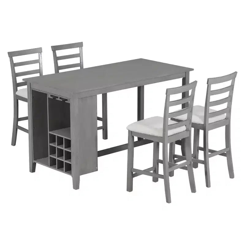 Set da pranzo da 5 pezzi in stile rustico ad altezza bancone con sedie per 4 persone, tavolo rettangolare in legno con ripiani e scomparto per bar/vino