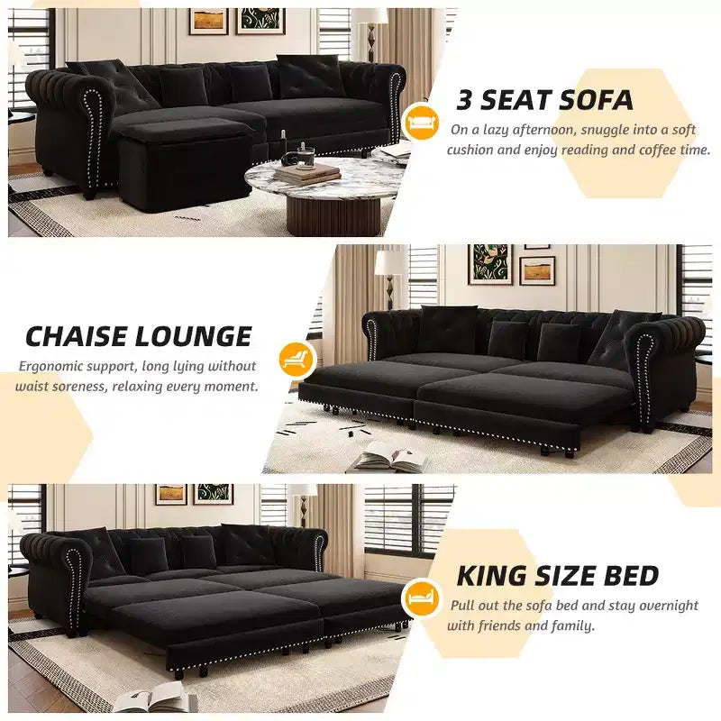 Divano Letto Estraibile 3-in-1 King Size in Velluto Whisen e Divano Letto Convertibile con Ottomana Mobile, Design Trapuntato