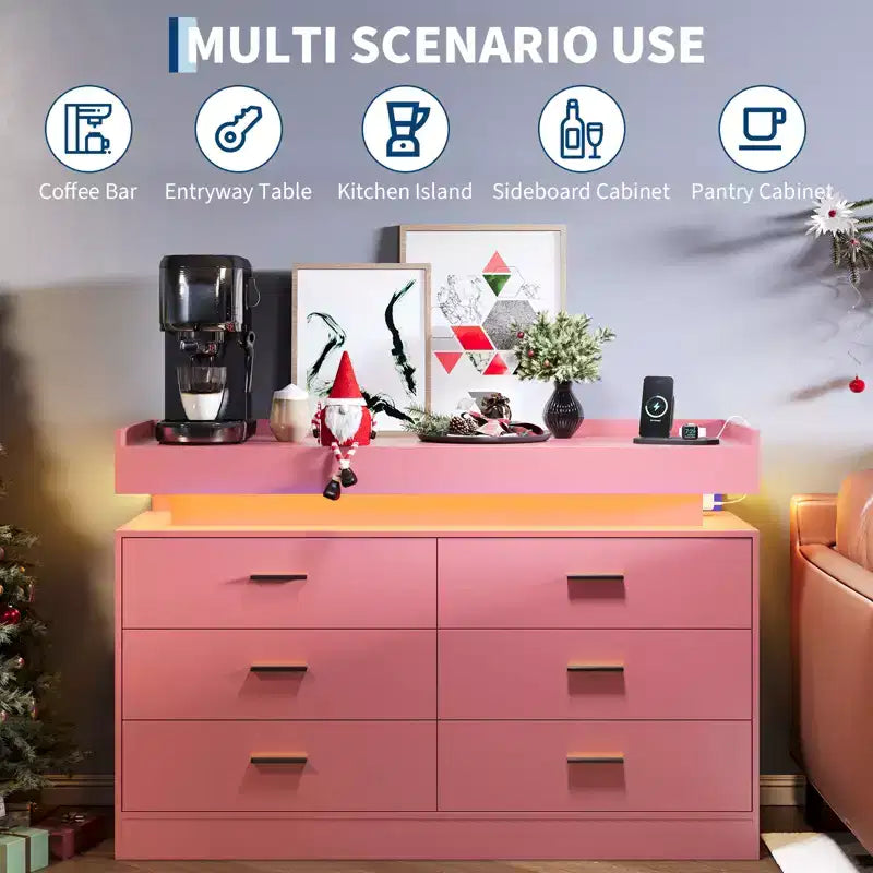 Mobile TV moderno con 6 cassetti e luci LED, bancone galleggiante per caffè/bar, per soggiorno, centro di intrattenimento