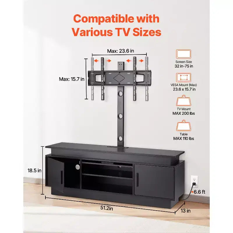 VEVOR Mobile TV 52" con Supporto per TV Fino a 75", Centro di Intrattenimento con Presa di Corrente, Regolabile in Altezza, Nero