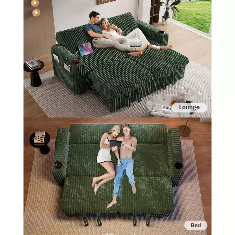 Divano Letto Sezionale Dyonery 91 con Letto Estraibile, Schienale Reclinabile/Due Letti Estraibili/Porte USB/Portabicchieri, Velluto a Coste Peluche