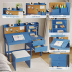 Set scrivania e sedia per bambini, tavolo da studio in legno con piano inclinabile regolabile, cassetti e bacheca in sughero - Set scrivania per lo studio dei bambini