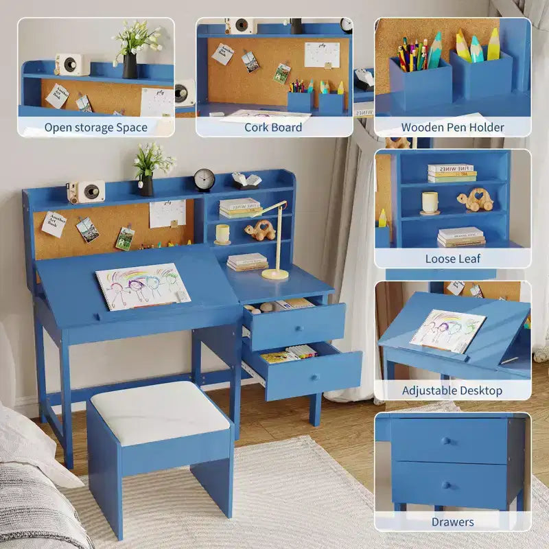 Set scrivania e sedia per bambini, tavolo da studio in legno con piano inclinabile regolabile, cassetti e bacheca in sughero - Set scrivania per lo studio dei bambini