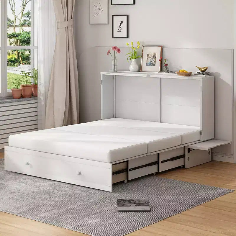 Mjkone Letto a Scomparsa Matrimoniale, Letto a Cassetti a Cubo con Stazione di Ricarica e Spazio Contenitore