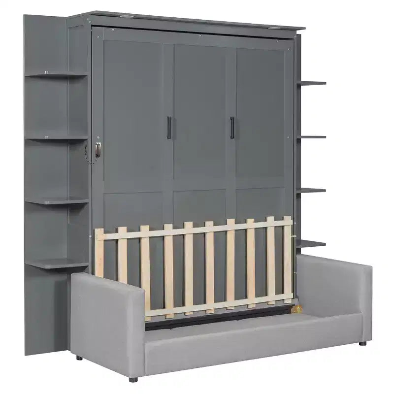 Letto a scomparsa Queen Murphy con divano, letto a scomparsa Queen Size con armadio, letto a parete pieghevole con libreria e mensole per camera degli ospiti o ufficio