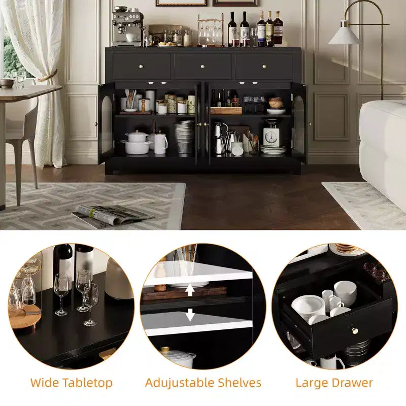 Credenza stretta da 140 cm con 3 cassetti e 4 ante per cucina, sala da pranzo, soggiorno