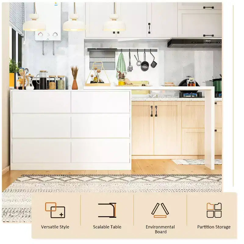 Credenza/Mobile Buffet Intelligente Girevole/Allungabile con 6 Cassetti, Piano d'Appoggio Estensibile, Tappetino Antiscivolo, Tavolo da Pranzo Girevole, Dispensa ad Isola per Cucina