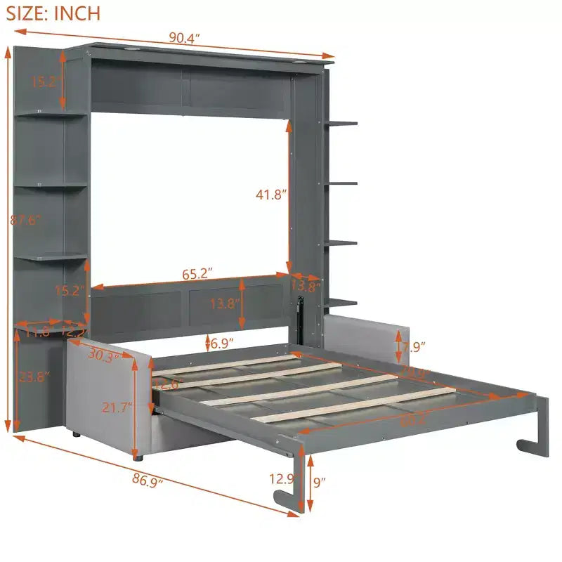 Letto a scomparsa Queen Murphy con divano, letto a scomparsa Queen Size con armadio, letto a parete pieghevole con libreria e mensole per camera degli ospiti o ufficio