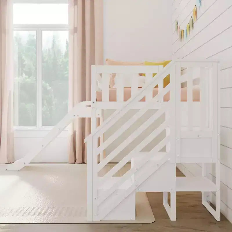 Letto a soppalco basso per bambini con scivolo e scale, in legno massiccio, 14 sponde protettive, capacità 180 kg