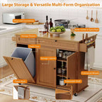 Tavolo da cucina mobile con isola da 55" con presa di corrente e anta a ribalta, carrello da cucina con isola su ruote e armadietto per pattumiera per la cucina