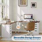 Scrivania per computer da 47 pollici con 5 cassetti, tavolo da studio/scrittura moderno rustico reversibile, workstation per ufficio domestico per piccoli spazi