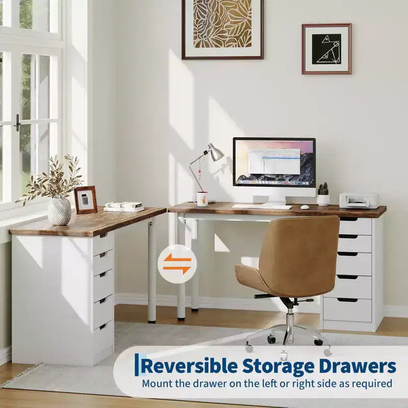 Scrivania per computer da 47 pollici con 5 cassetti, tavolo da studio/scrittura moderno rustico reversibile, workstation per ufficio domestico per piccoli spazi