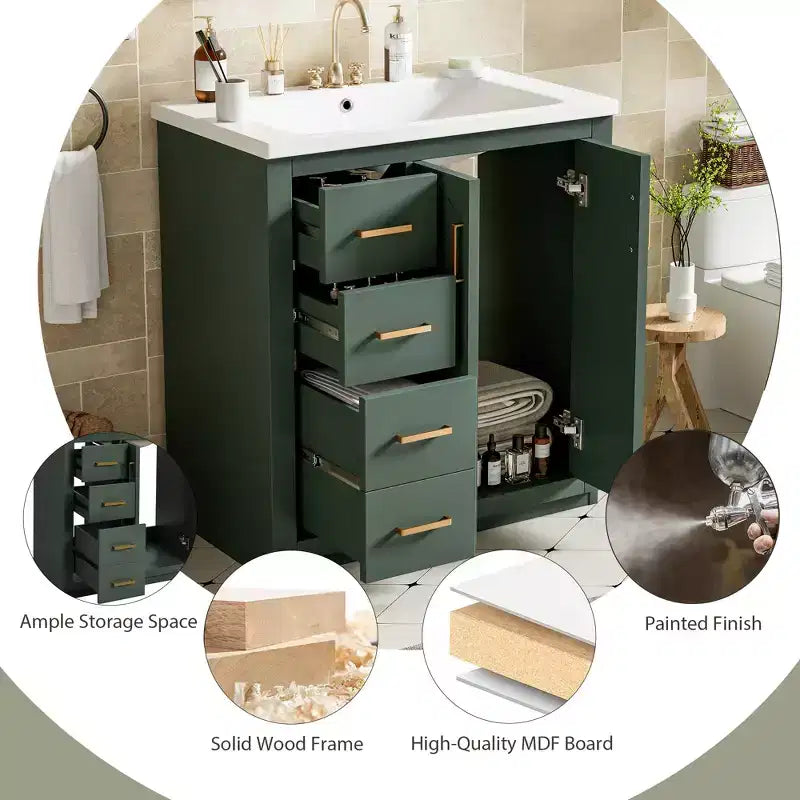 Mobile bagno 30 pollici con lavabo singolo, armadietto e 3 cassetti – Nero / Blu / Verde / Indaco / Bianco