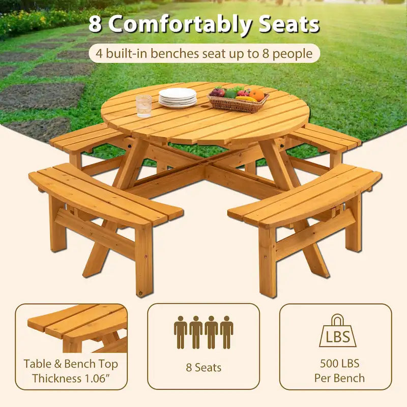 Set da pranzo rotondo da picnic per 8 persone in legno di abete da esterno con 4 panche integrate e foro per ombrellone