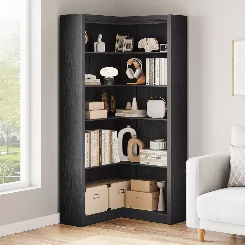 Libreria angolare a 5 ripiani a forma di L, in stile retrò, Bianco/Nero/Legno, singola