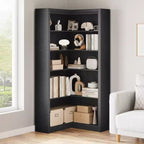Libreria angolare a 5 ripiani a forma di L, in stile retrò, Bianco/Nero/Legno, singola