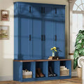 Il mobile da ingresso Misty Moon Farmhouse Blue con 4 ganci nascosti e panca versatile in noce con 8 ante