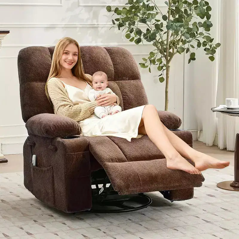 Fauteuil inclinable surdimensionné pour adultes, canapé berçant pivotant manuel, poches latérales et porte-gobelets pour personnes fortes et de grande taille, salon