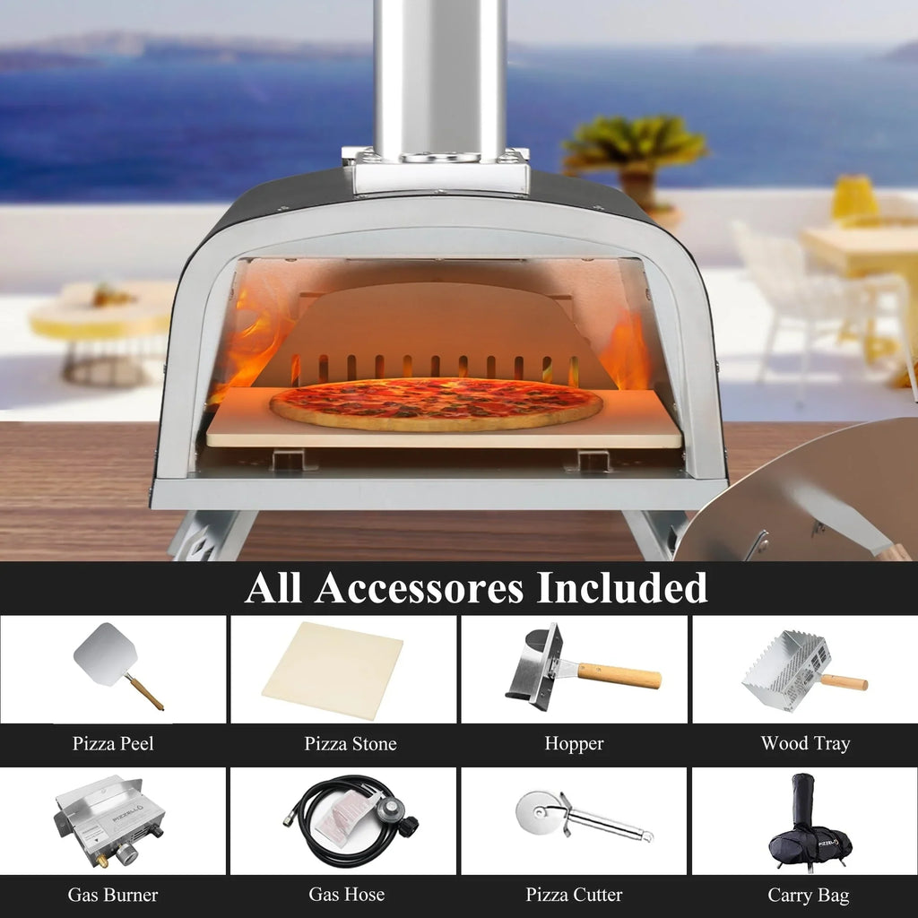 Forno per pizza da esterno multifuel per pizza con bruciatore a gas e contenitore per legna - 12 pollici