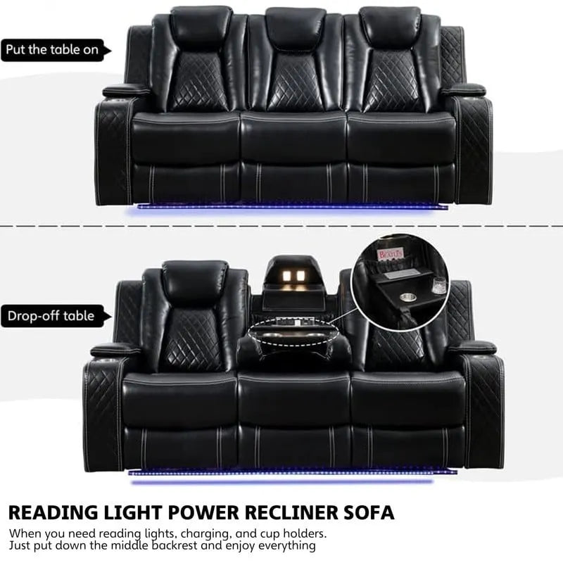 Divano Reclinabile Elettrico con Caricatore Wireless, Luce da Lettura per Soggiorno, Luce LED in Similpelle, Porta AC/USB, Portabicchieri, Nero