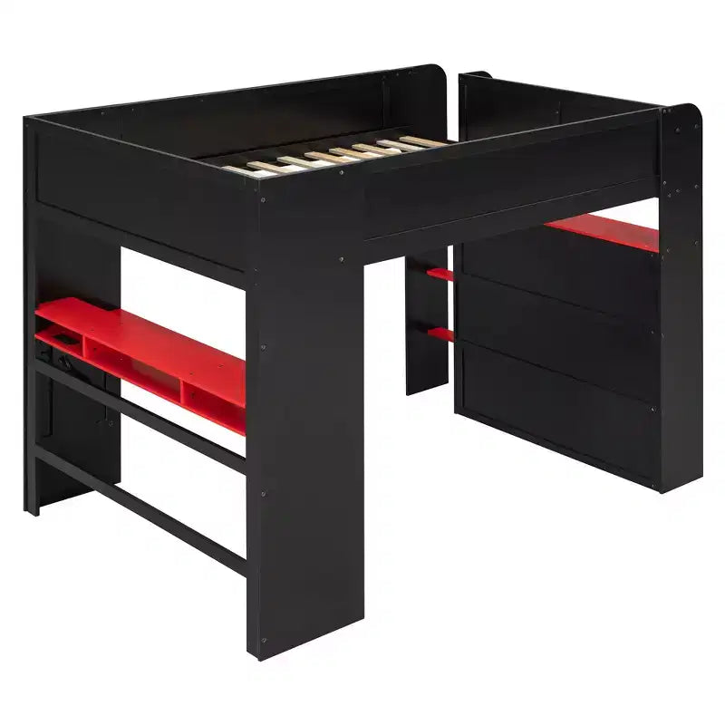 Luxystar Letto a soppalco a una piazza e mezza con scrivania illuminata regolabile, armadio aperto e libreria