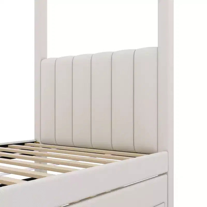 Letto a baldacchino a piattaforma imbottito in lino, matrimoniale, con letto estraibile e tre cassetti portaoggetti