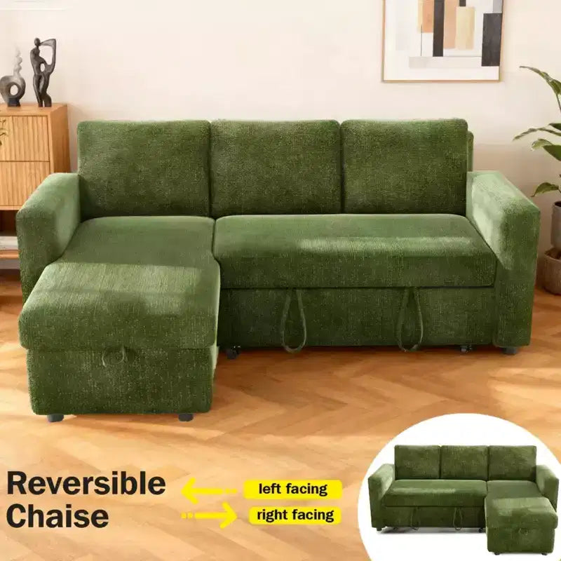 Divano Letto Estraibile 2 in 1 con Chaise Longue Contenitore, Divano Componibile in Ciniglia con Porte USB per Soggiorno