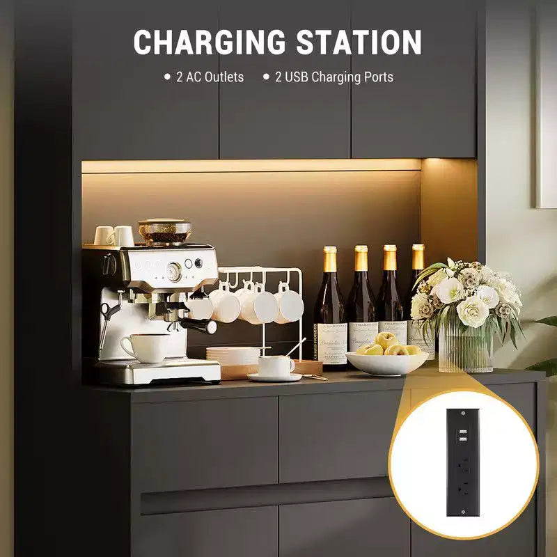 Mobile dispensa da cucina da 71 pollici, mobile dispensa con luci a LED e prese di corrente, mobile buffet con supporto per microonde, ripiani regolabili