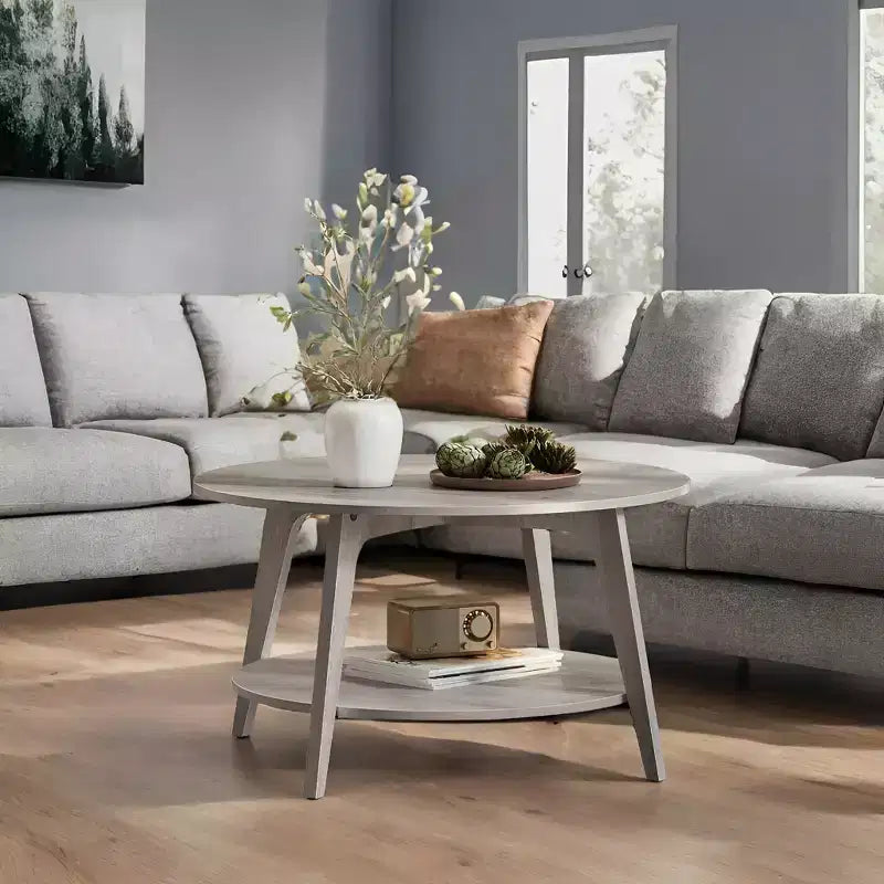 Tavolino rotondo color miele con 2 ripiani, misure 80 x 45 cm, ideale per il soggiorno