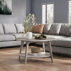 Tavolino rotondo color miele con 2 ripiani, misure 80 x 45 cm, ideale per il soggiorno