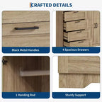 Guardaroba Armadio in Legno H 43.3 con 4 Cassetti e Asta Appendiabiti, Mobile Contenitore Multifunzionale per Camera da Letto