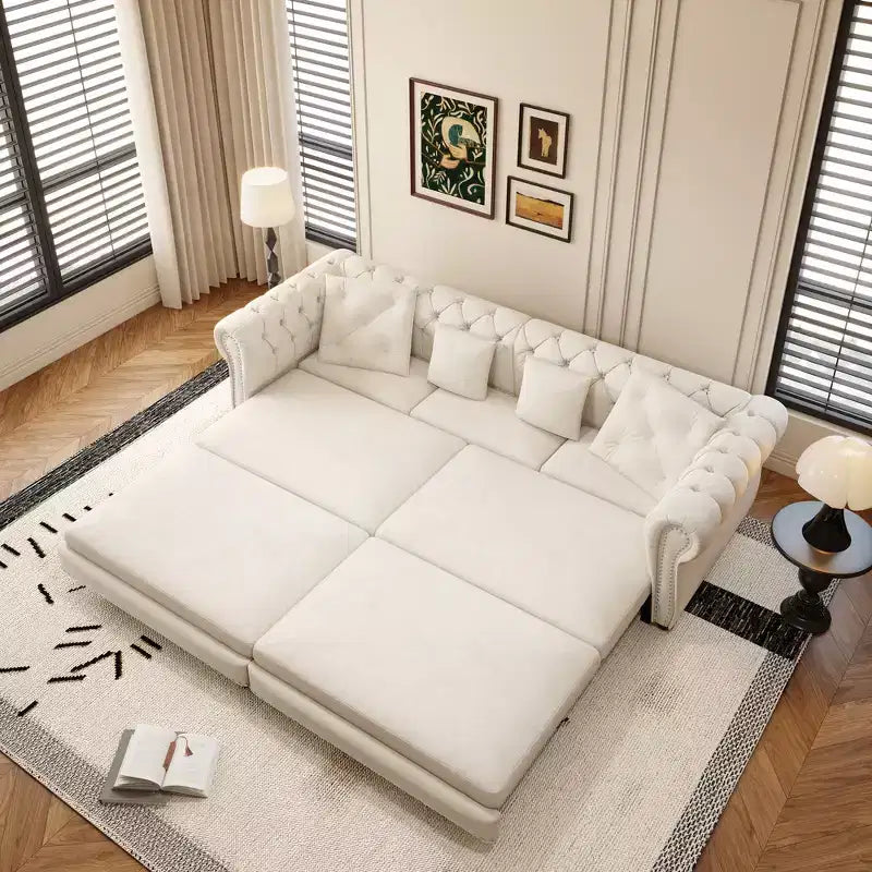 Divano Letto Estraibile 3-in-1 King Size in Velluto Whisen e Divano Letto Convertibile con Ottomana Mobile, Design Trapuntato