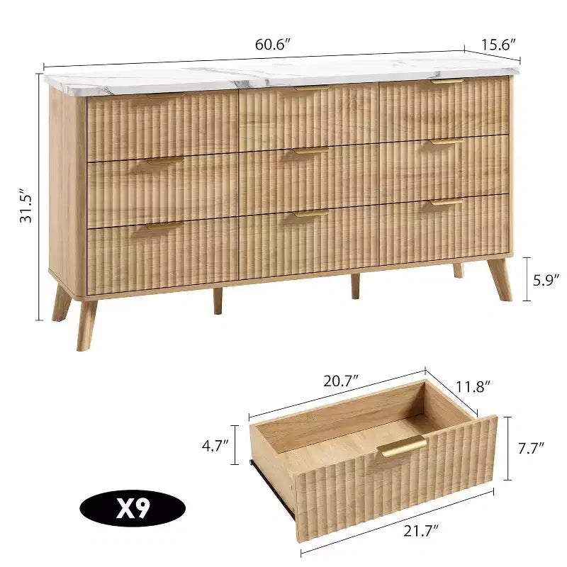 Cassettiera scanalata a 9 cassetti, Comò moderno, Mobile TV in legno, Design a profilo curvo, per soggiorno, corridoio