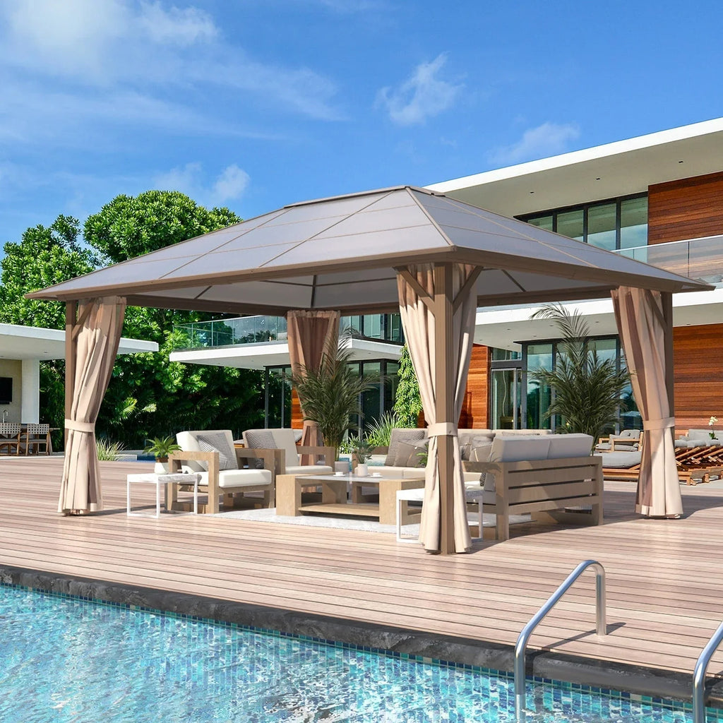EROMMY Gazebo a tetto rigido, Pergola da esterno con doppio tetto, zanzariere e tende, Tenda da sole resistente per patio, cortile, feste in piscina