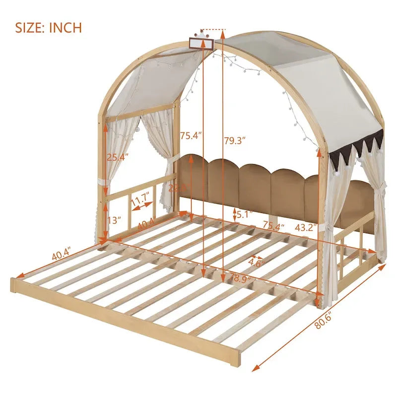 Letto a piattaforma in legno massiccio a forma di casetta, letto Montessori a terra con tetto ad arco e letto estraibile per bambine e bambini