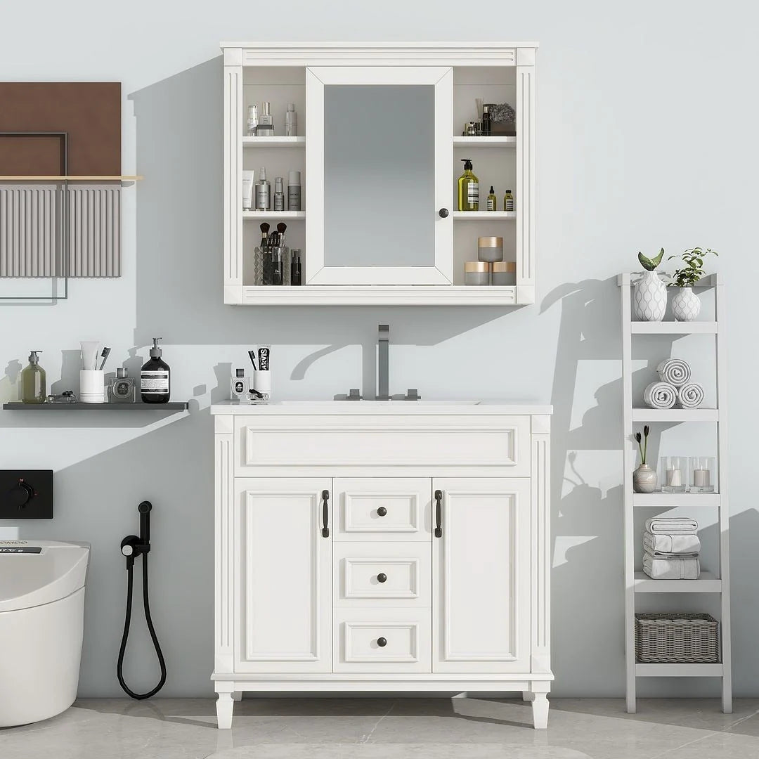 Mobile Bagno Moderno da 90cm con Lavabo Integrato e Specchiera, 2 Ante e 2 Cassetti