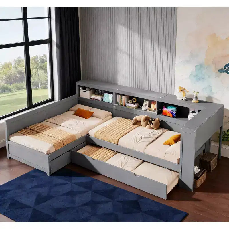 Letto a piattaforma a L una piazza e mezza con letto estraibile e stazione di ricarica, struttura del letto in legno con libreria