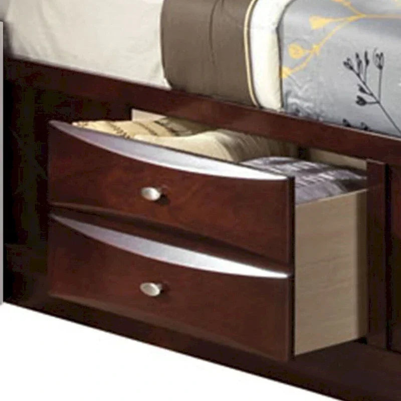 Letto a pannelli queen size con libreria e cassetti, marrone