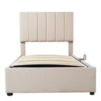 Bellemave Letto Matrimoniale Singolo con Contenitore a Sollevamento, Letto a Piattaforma Imbottito con Sistema di Contenitore Idraulico, Testiera a Strisce Verticali, Beige