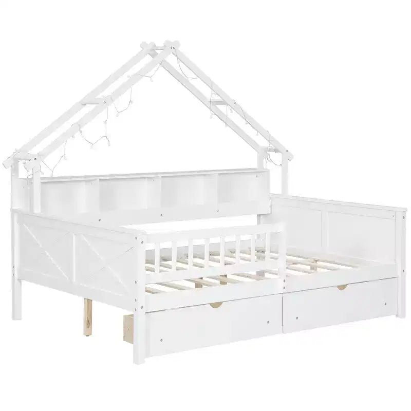 Struttura letto a casetta a grandezza naturale con cassetti, letto a piattaforma a casetta con luci LED, mensole e cassetti portaoggetti, divano letto in legno con tetto e sponda